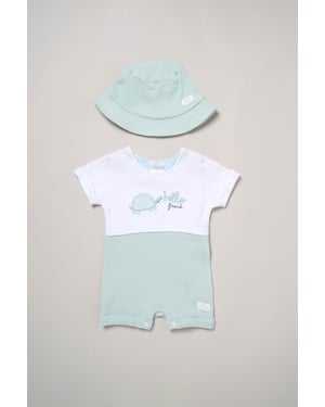 Turtle Printed Romper and Reversible Hat Outfit Set