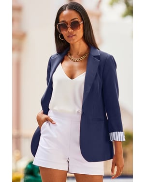 Navy Blue Stripe Print Lining Blazer