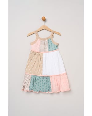 Patchwork Dress with Lace Straps & Pom Pom Trim