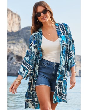 Blue Scarf Print Kimono