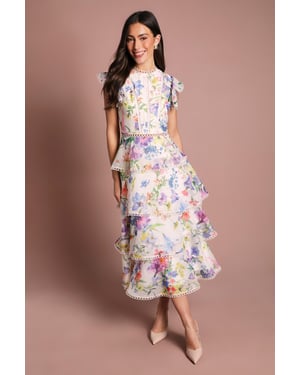 Lace Trim Tiered Organza Midi Dress