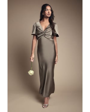 Olive Satin Twist Front Angel Sleeve Midi Bridesmaid Dress