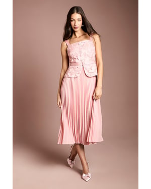 Lace Peplum Detail Belted Pleated Midi Dress