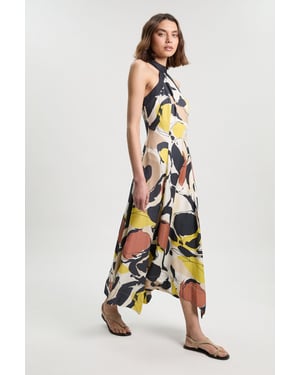 Abstract Print Viscose Linen Woven Halter Neck Maxi Dress