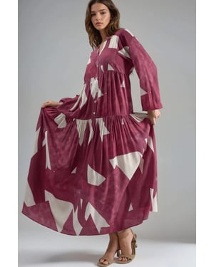 Geprinte Lange Mouw Viscose Maxi Jurk