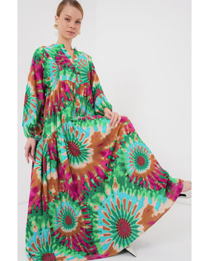 Geprinte V-hals Maxi-jurk met knoopsluiting