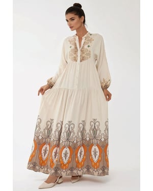 Geprinte Lange Mouw Viscose Maxi Jurk