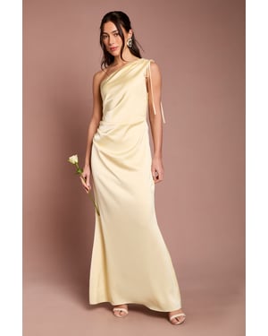 Butter Yellow Ruched Side Detail One Shoulder Satin Maxi Bridesmaid Dress