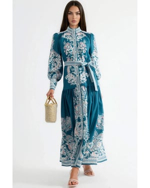 Maxi-jurk met Mandarin-kraag en riem