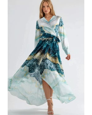 Abstracte Afdruk Lange Mouwen Maxi Jurk met Strikdetail