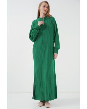 Geweven Tricot Jurk met Halve Col en Rits