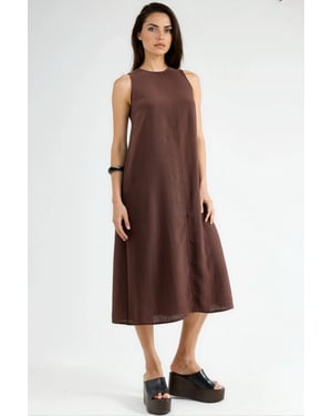 Linnenlook Mouwloze Crew Neck Midi Jurk