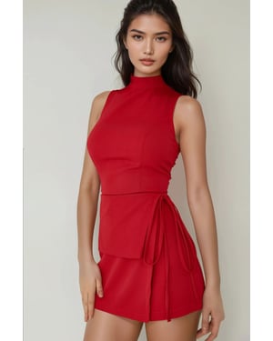 Hoge Hals Mouwloze Strakke Jumpsuit met Strik Taille Detail