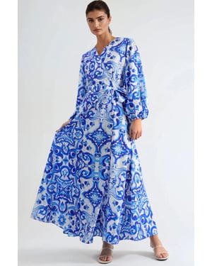 Geprinte V-hals Maxi-jurk met Lange Mouwen