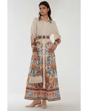 Printed Long Sleeve Maxi Dress with Belt
