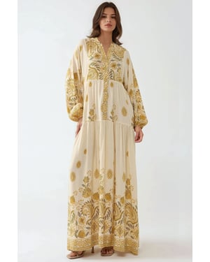 Geprinte Maxi Jurk met V-hals en Knoopdetails