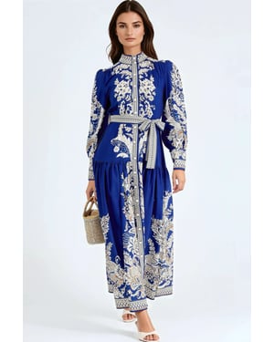 Maxi-jurk met Mandarin-kraag en riem