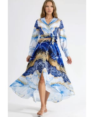 Abstracte Print Lange Mouw Maxi Jurk met Strikdetail