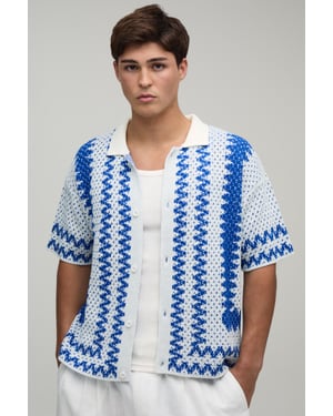 Boxy Wavy Border Open Stitch Knitted Shirt