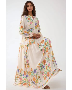 Geprinte V-hals Maxi-jurk met Knopdetail