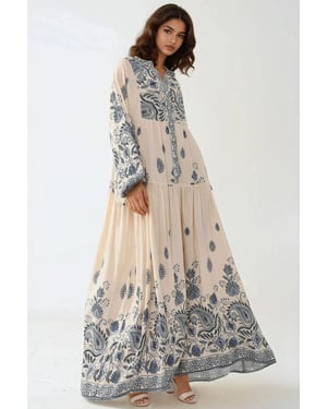Geprinte V-hals Maxi Jurk met Knopdetail