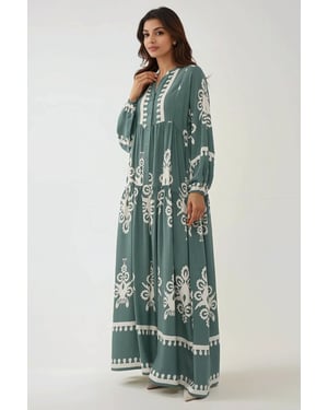 Geprinte Lange Mouwen Viscose Maxi Jurk