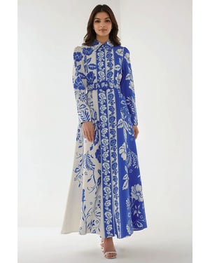Geprinte Maxi-jurk met Lange Mouwen en Ceintuur