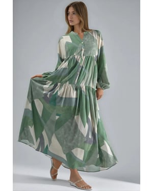 Geprinte Lange Mouw Viscose Maxi Jurk