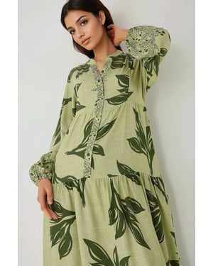Geprinte Lange Mouwen Viscose Maxi Jurk