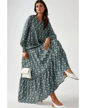 Geprinte Crew Neck Viscose Maxi Jurk