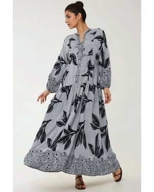 Geprinte Lange Mouwen Viscose Maxi Jurk