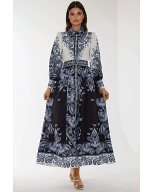Geprinte Lange Mouw Maxi Jurk met Ceintuur