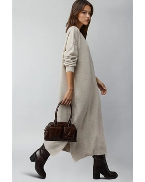 Gelaagde Geribbelde Lange Trui Jurk met Sleufdetail