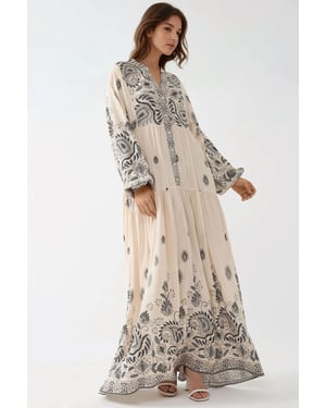 Geprinte V-hals Maxi-jurk met Knopdetail