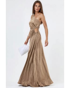 Patterned One-Shoulder Satin Dress with Cut-Out Detail