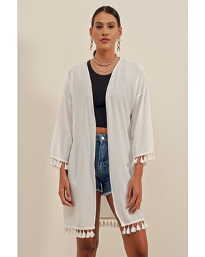 Midi Strandskimono med Pompomdetalj