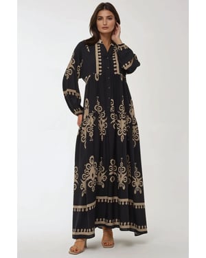 Geprinte Lange Mouw Viscose Maxi Jurk