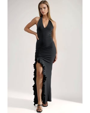 Slit Detaljerad Halterneck Bodycon Maxi Klänning