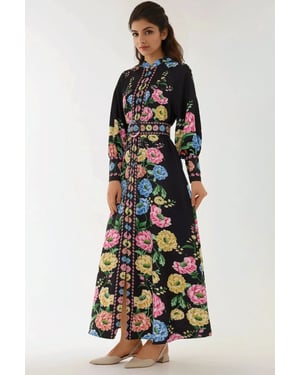 Geprinte Lange Mouwen Maxi Dress met Riem