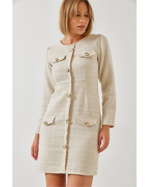 Geknoopte Pocket Tweed Mini Jurk met Ronddecolleté
