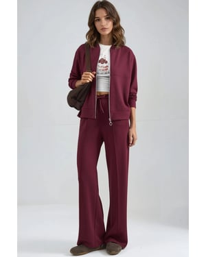 Modal Touch Sweater met Rits en Geribbelde Broek Set