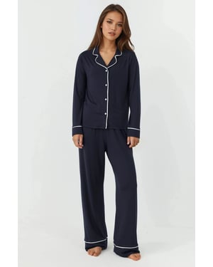 Relaxed Fit Long Sleeve Extra Soft Touch Pajama Set with Shirt Collar