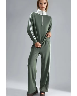 Modal Touch Wide Leg Striped Two-Piece Coord Set with Zipper Collar