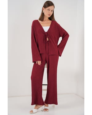 Textuur V-hals Langsluiting Top & Flared Broek Twee-Delige Set