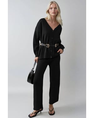 V-hals cardigan en wijde broek brei-set