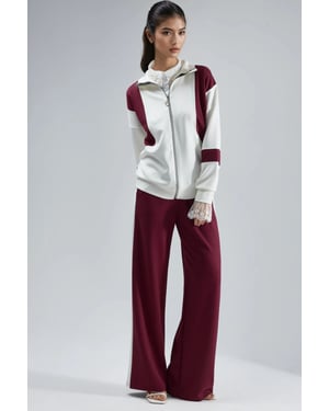 Modal Touch Color Blocked Zipper Collar Wide Leg Two-Piece Set
