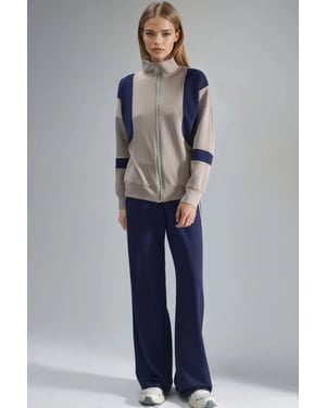 Modal Touch Color Blocked Zipper Collar Wide Leg Two-Piece Set