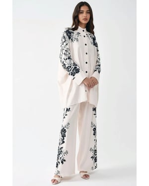 Geprinte Oversized Twee-delen Set met Ronde Hals en Knopdetails