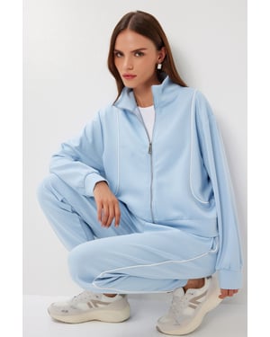 Contrast Binding Gedetailleerde Rits Sweater & Jogger Twee-Delige Set