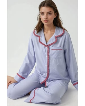 Skjortkrage i bomullrutigt pyjamas-set